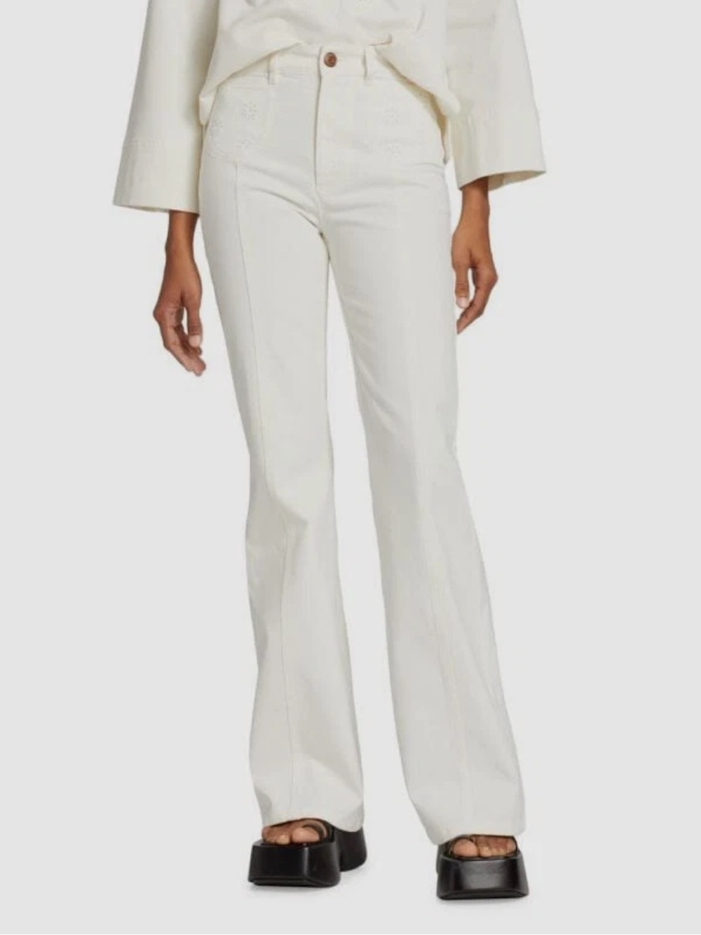 See By Chloé Iconic Emily White High Rise Flared Jeans Eyelet Embroidered Pocket - Picture 4 of 8